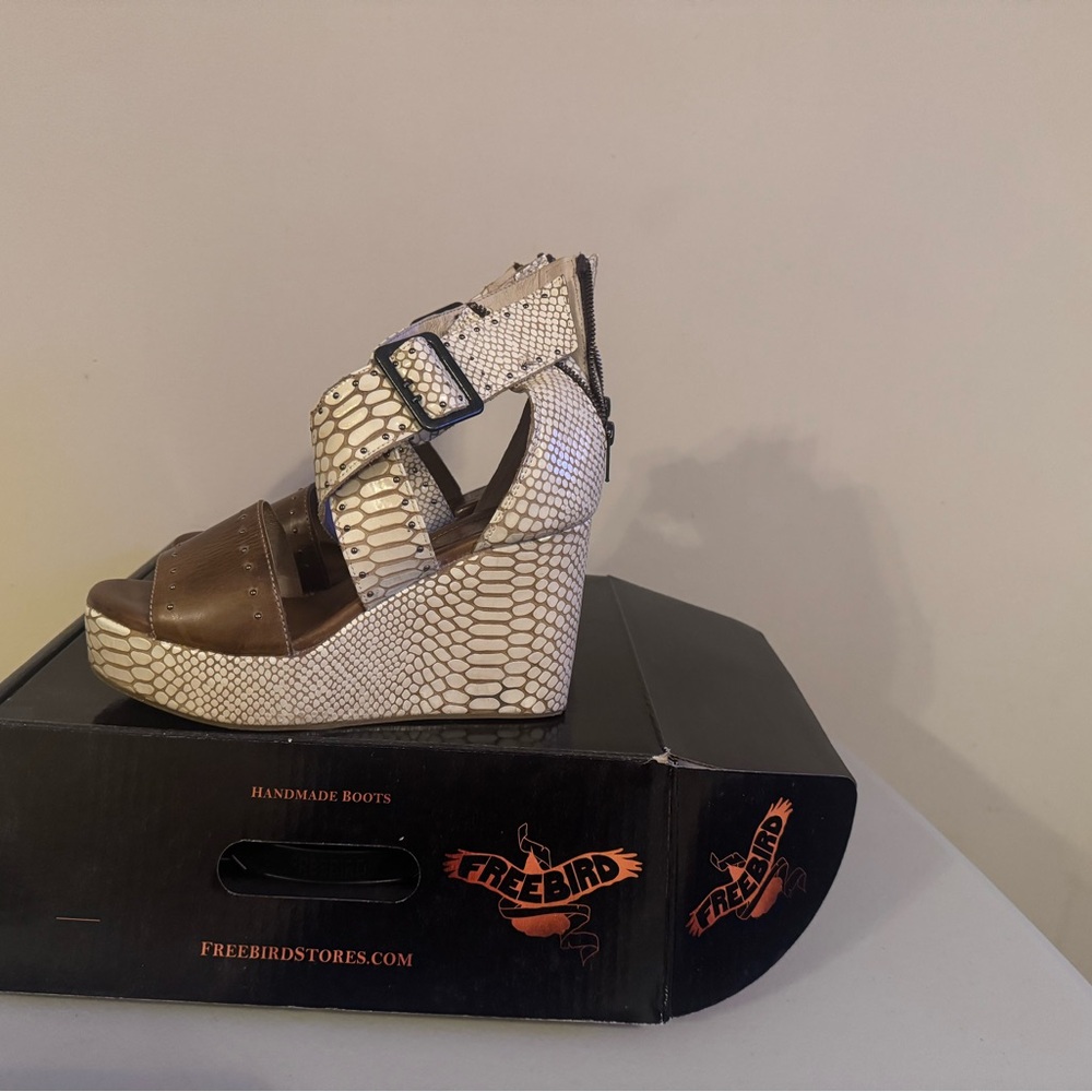Freebird Snakeskin and Brown Wedge Sandals
